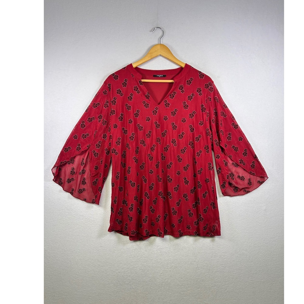 Valolia Mesh Blouse Womens XL Red Black Floral Glitter Split Bell Sleeve‎ Top